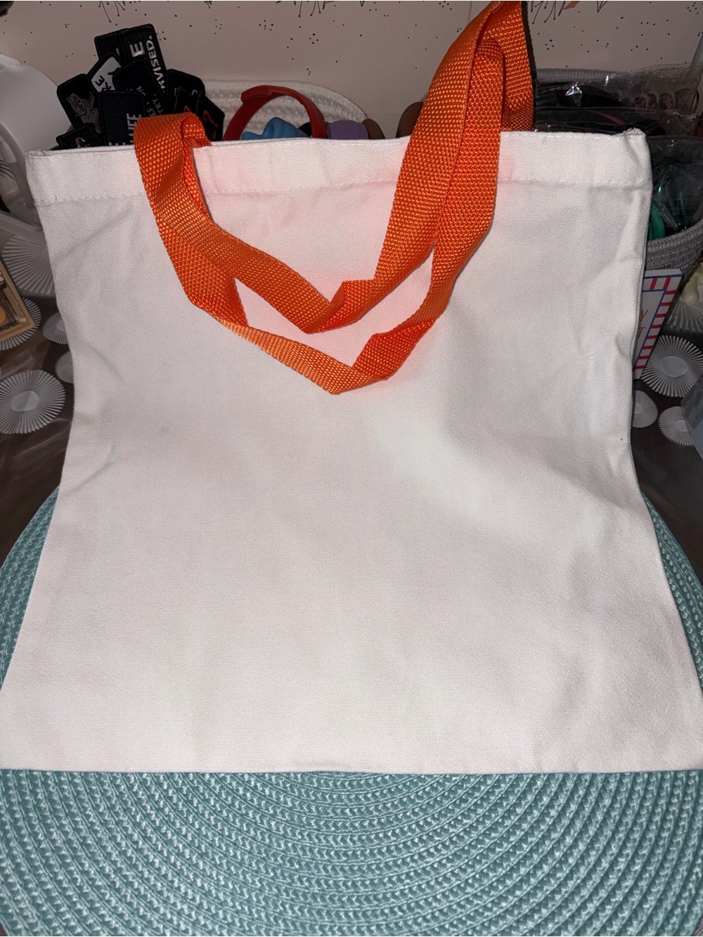 White Tote Bag with Multicolor Text - My Husband Thinks I'm Crazy  14”x13” - Picture 3 of 3